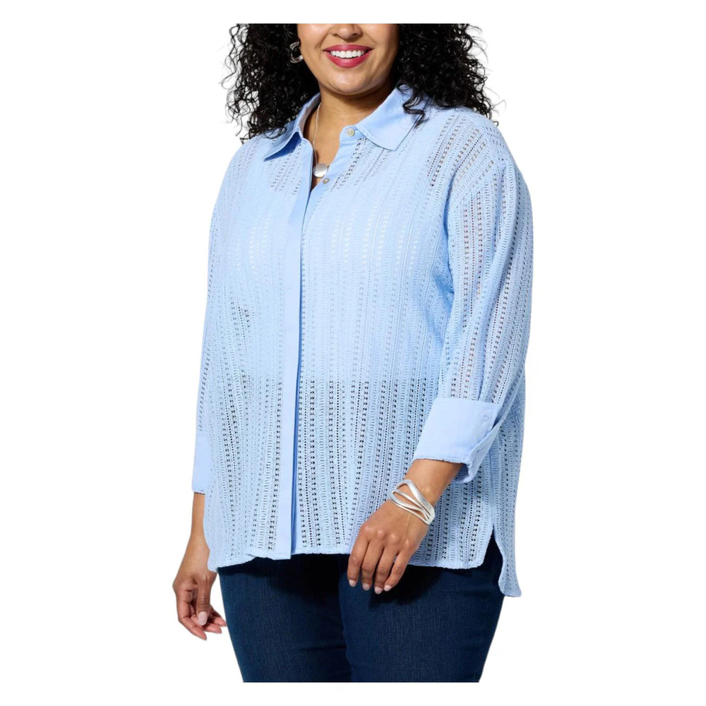 WynneCollection Woven Crochet Button-Down Shirt Blue - Regular